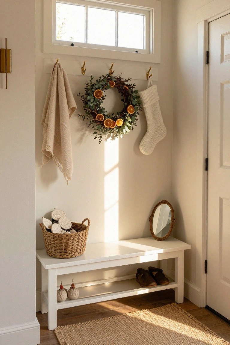 Entryway nook with white bench holding brown shoes and clay pineapples underneath, wicker basket of white round ornaments on floor, beige towel draped over gold hook, white knit stocking on another hook, and large eucalyptus wreath with dried orange slices on wall hooks beside a three-pane window and white door.