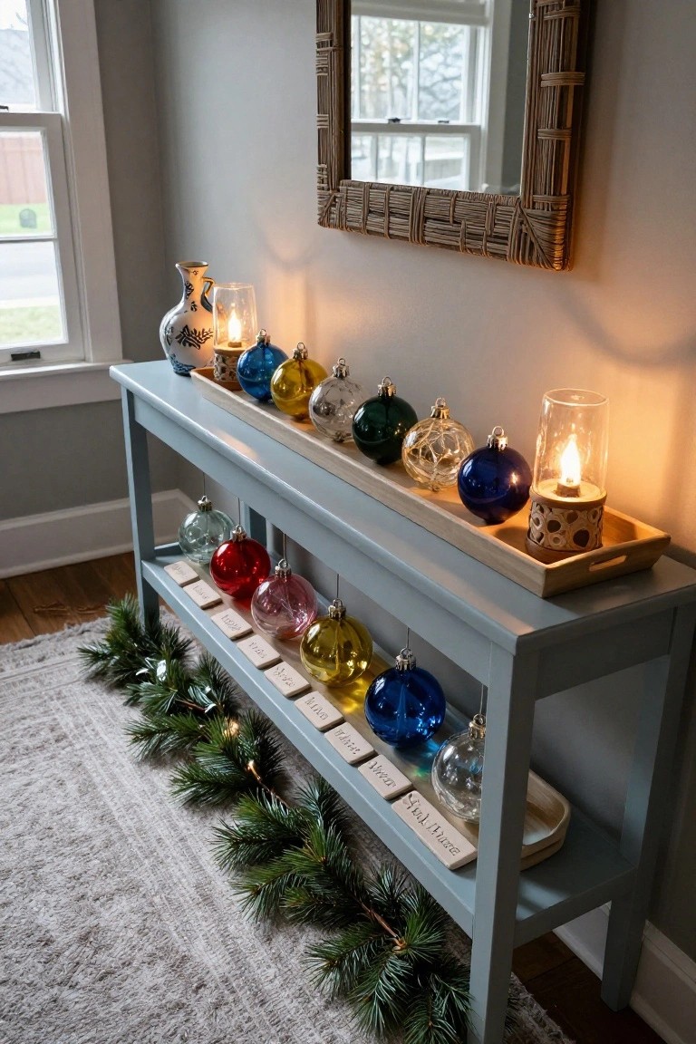 Gray console table in an entryway holds a wooden tray of colorful glass Christmas ornaments, with lanterns, a vase, pine garland on the floor, and a woven mirror on the wall.