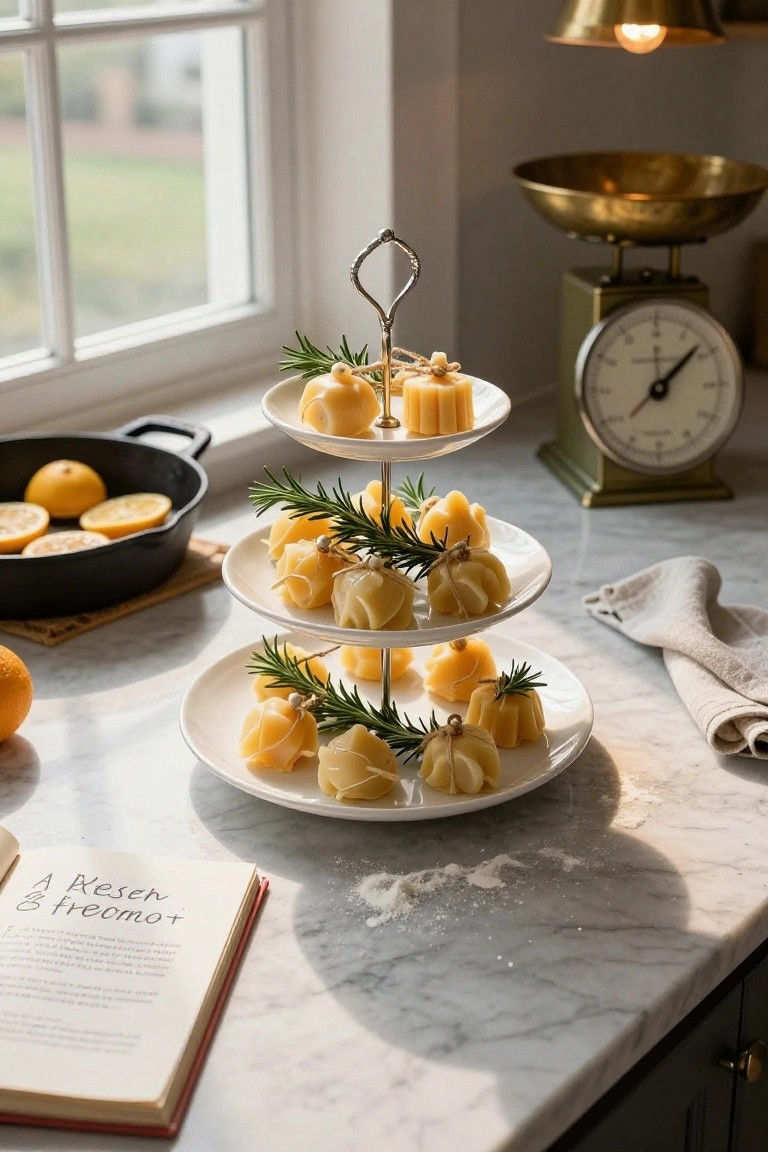 Three-tiered silver stand on a marble kitchen counter holding white plates of small yellow ravioli-shaped items garnished with rosemary sprigs and twine, next to a cast-iron pan of lemon slices, oranges, a recipe book, brass scale, and tea towel in a sunlit room.