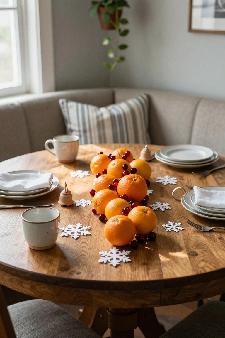 Wooden round dining table with a garland centerpiece of oranges threaded with cranberries and red berries, set with white plates, ceramic mugs, napkins, utensils, small bells, and scattered paper snowflakes.