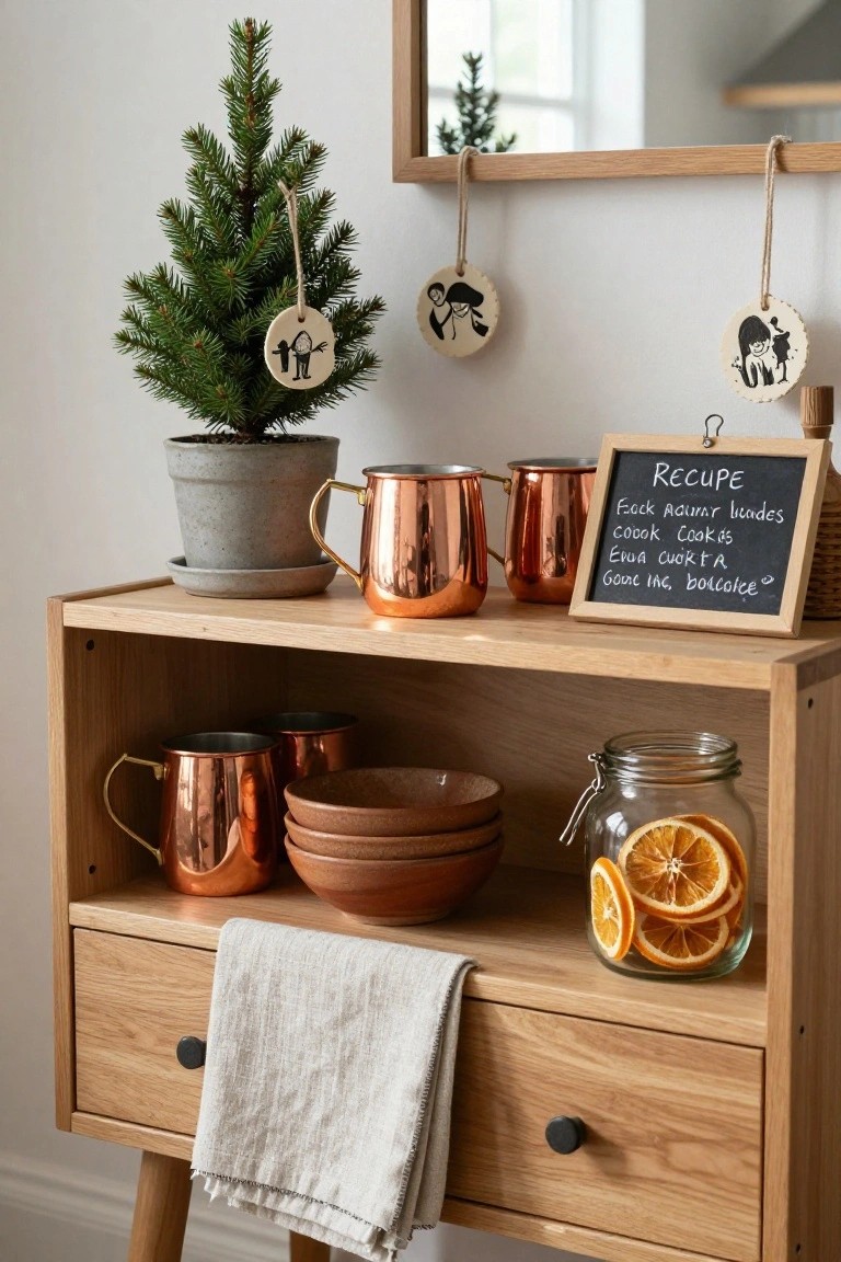 Wooden shelf unit displaying copper mugs, terracotta bowls, a jar of dried orange slices, and a small potted Christmas tree with handmade silhouette ornaments, next to a chalkboard recipe sign and hanging wooden tags.