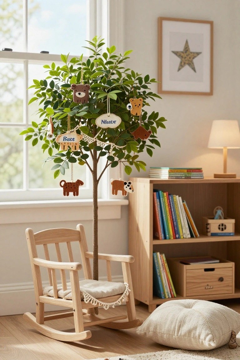 A small artificial leafy tree in a nursery decorated with hanging handmade felt animal ornaments labeled with names including Nico, Bose, and Race, next to a wooden rocking chair, bookshelf, and floor pillows.