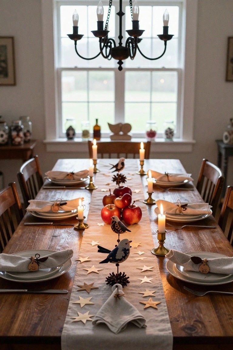 Dining table set for Christmas with beige linen runner, scattered wooden stars, small felt bird figures, red apples, brass candlesticks with white candles, folded napkins with tags, and wooden chairs in a room with chandelier and windows.