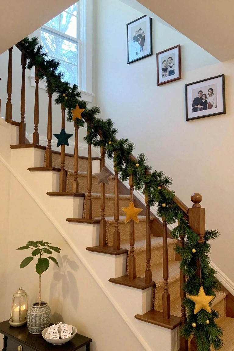 Wooden staircase wrapped in pine garland with hanging mustard yellow and teal felt star ornaments, gold bells, family photos framed on the wall, and a potted plant with lantern nearby at the base.