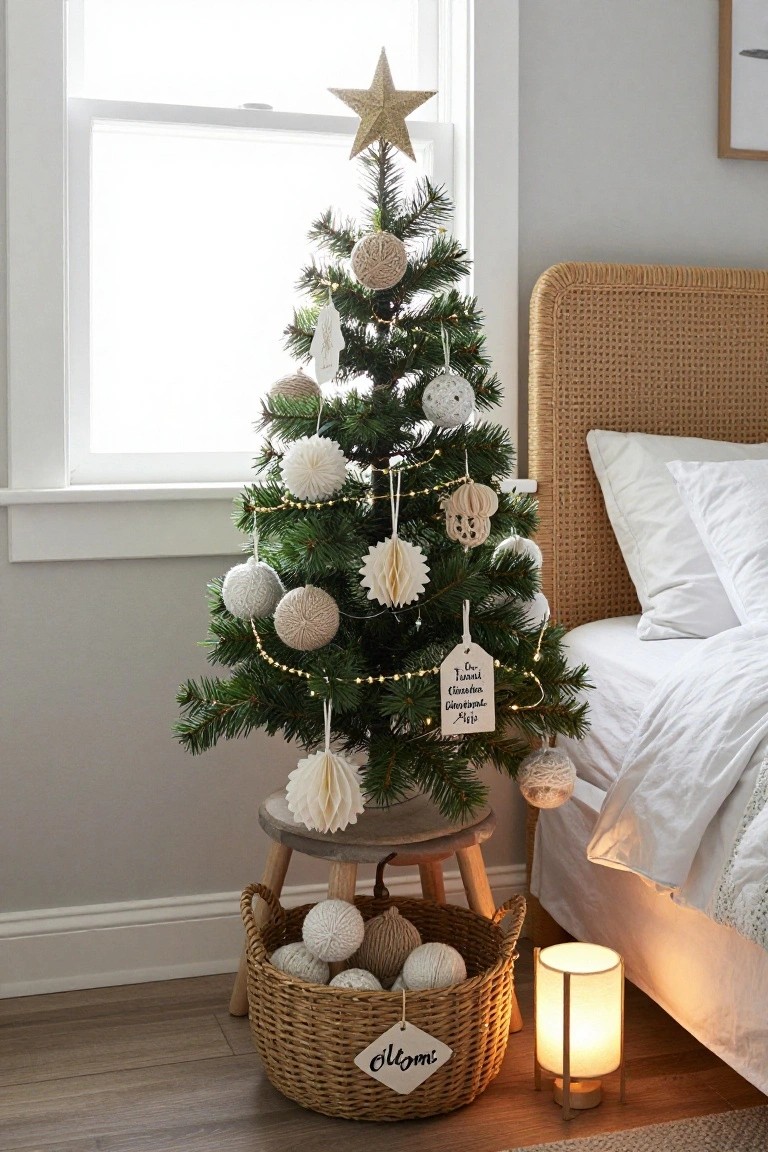 Small Christmas tree on a stool in a bedroom corner decorated with white and beige wool pom-poms, knitted balls, paper cutouts, and string lights, with a basket of yarn balls nearby next to a rattan bed frame.