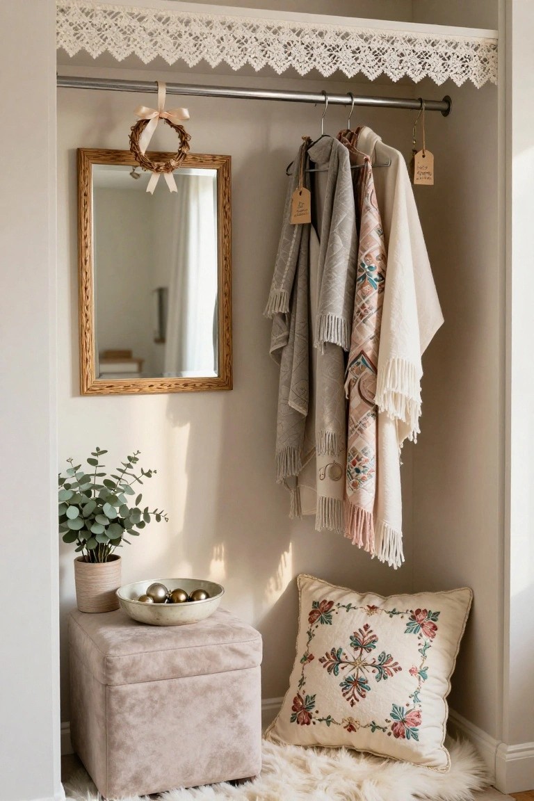 Wardrobe nook with lace-trimmed shelf, hanging scarves and clothes on a rod, wooden wreath on a gold-framed mirror, eucalyptus plant in pot, stool holding bowl of gold baubles, embroidered pillow, and fur rug on floor.