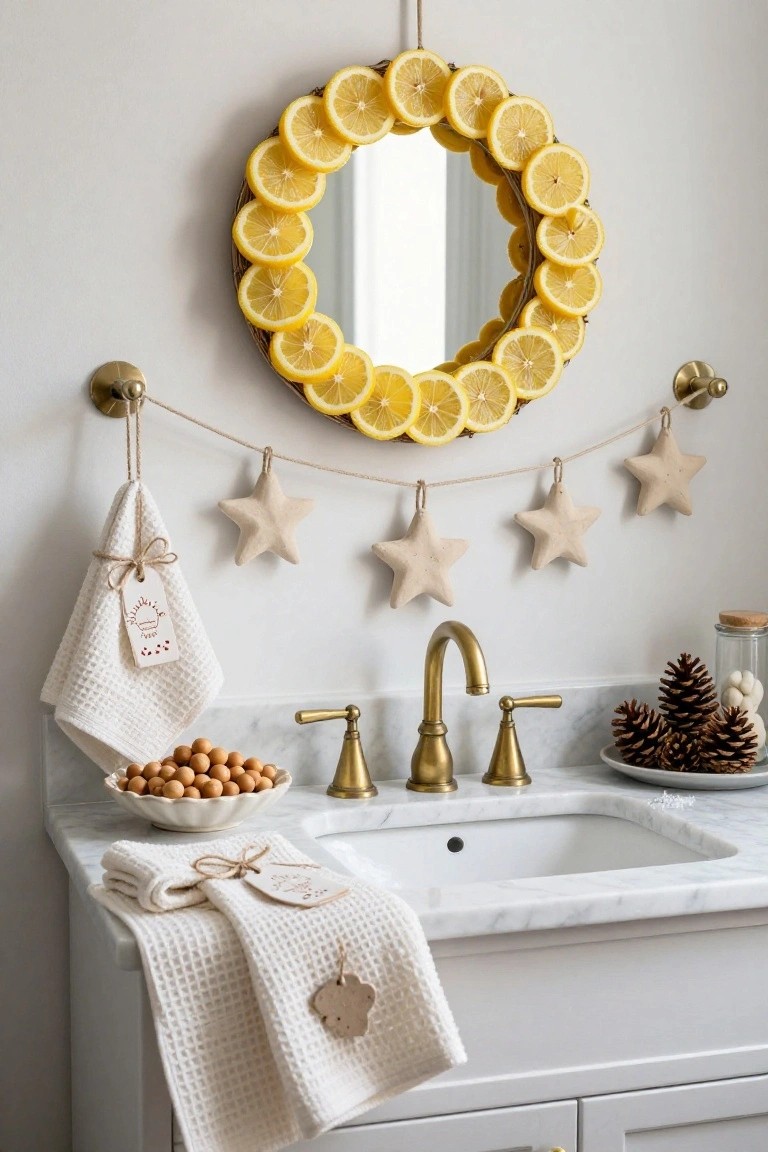 Bathroom vanity with a round mirror framed by dried lemon slices on twine, a string of hanging white clay stars, folded white towels with tags, gold faucets over a white sink, a bowl of orange beads, pine cones on a plate, and a glass jar on the marble countertop.