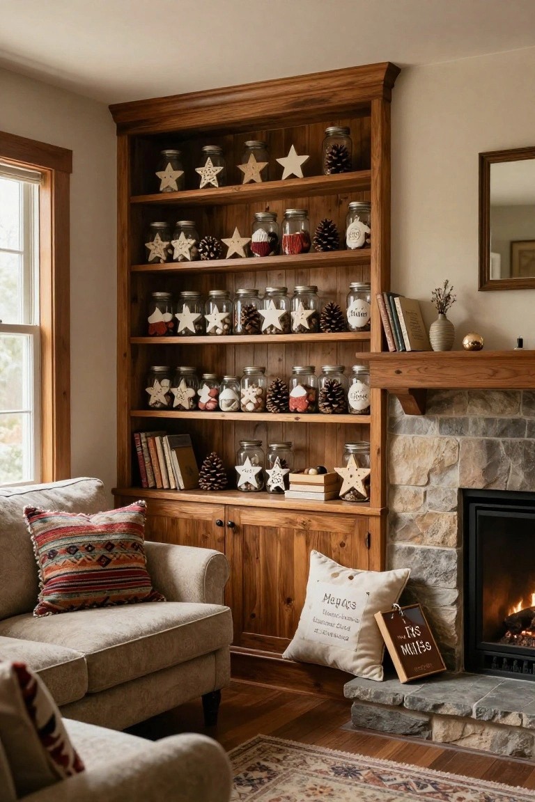Wooden built-in bookshelves in a living room corner filled with mason jars containing pinecones, white star ornaments, and red items, next to a stone fireplace, beige sofa with patterned pillows, and wooden mantel.
