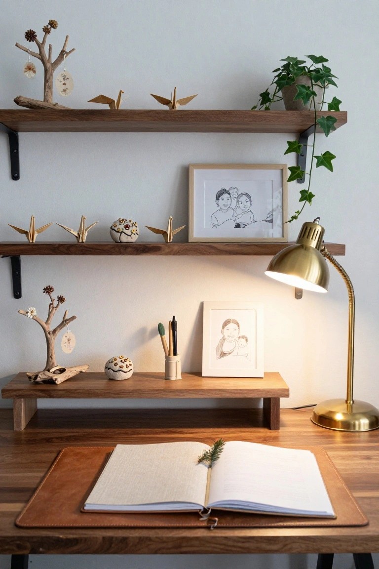 Wooden shelves above a desk display twig branches adorned with pinecones and tags, origami cranes, ceramic pots, and framed drawings, with a leather desk pad holding an open notebook and pine sprig.