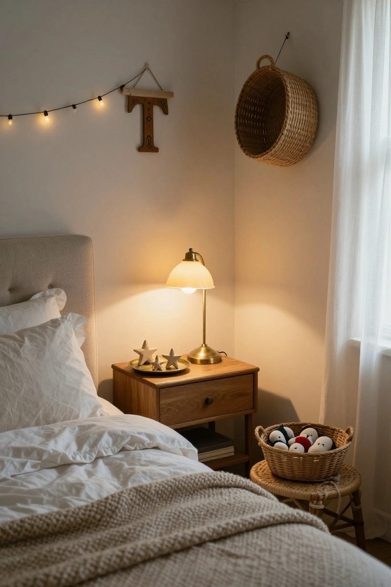 Bedroom corner with beige upholstered bed covered in white sheets and beige throw, wooden nightstand holding brass lamp, small wooden star figurines, hanging carved wooden T letter with string lights, wall-mounted wicker basket, and stool beside bed holding wicker basket of plush white black and red balls.