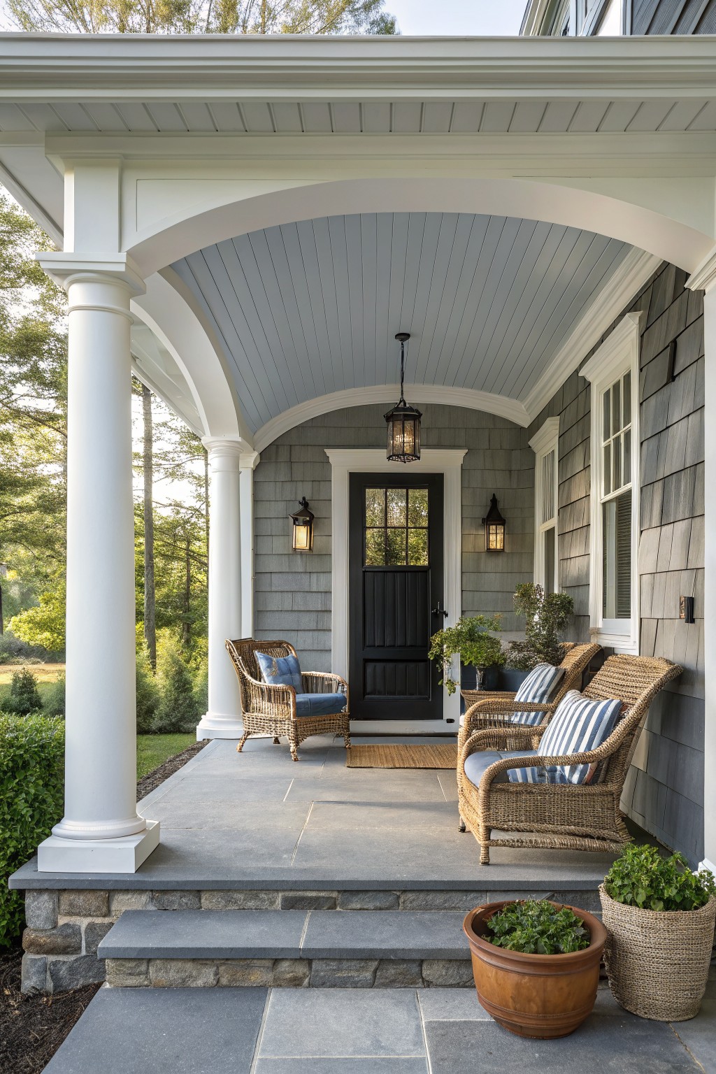 Gray shingle house front porch with white columns and trim, light blue arched ceiling, black door flanked by lanterns, wicker chairs with blue cushions, potted plants, bluestone flooring, and stone steps leading up.
