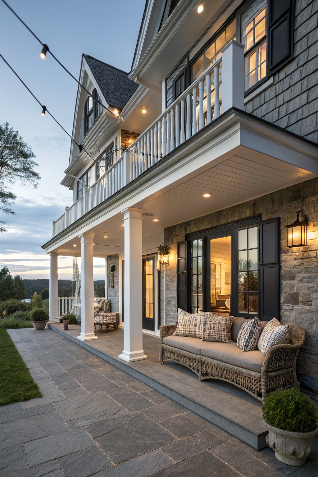 Side exterior view of a gray shingle and stone house with a covered porch on white columns, wicker sofa and chairs with pillows on a stone paver platform, string lights overhead, French doors, and yard landscaping at dusk.