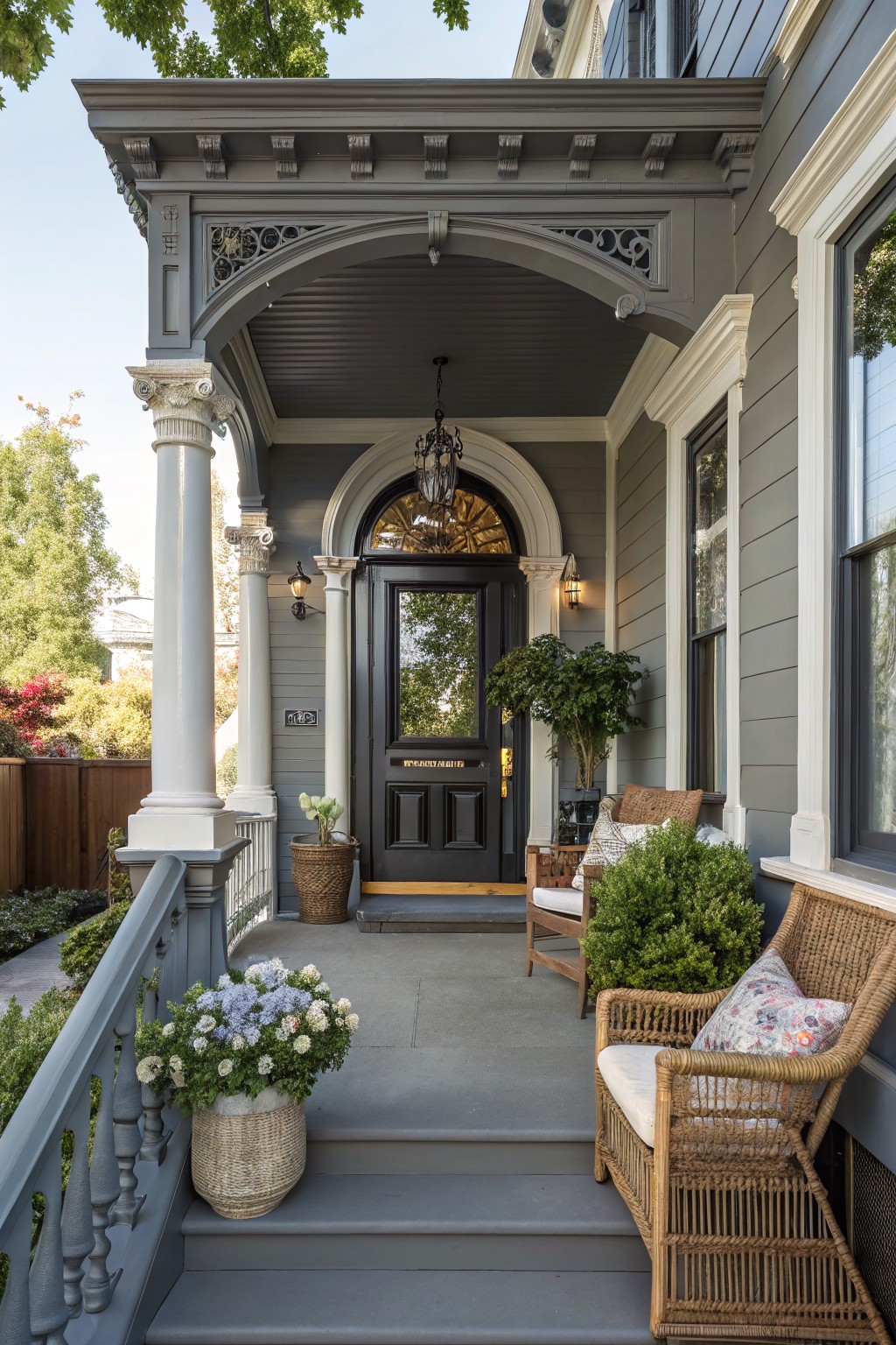 Gray shingled house exterior with white fluted columns supporting a covered porch, arched black front door with glass panels, wall lanterns, wicker chairs with cushions, potted plants, and steps leading to the entry.