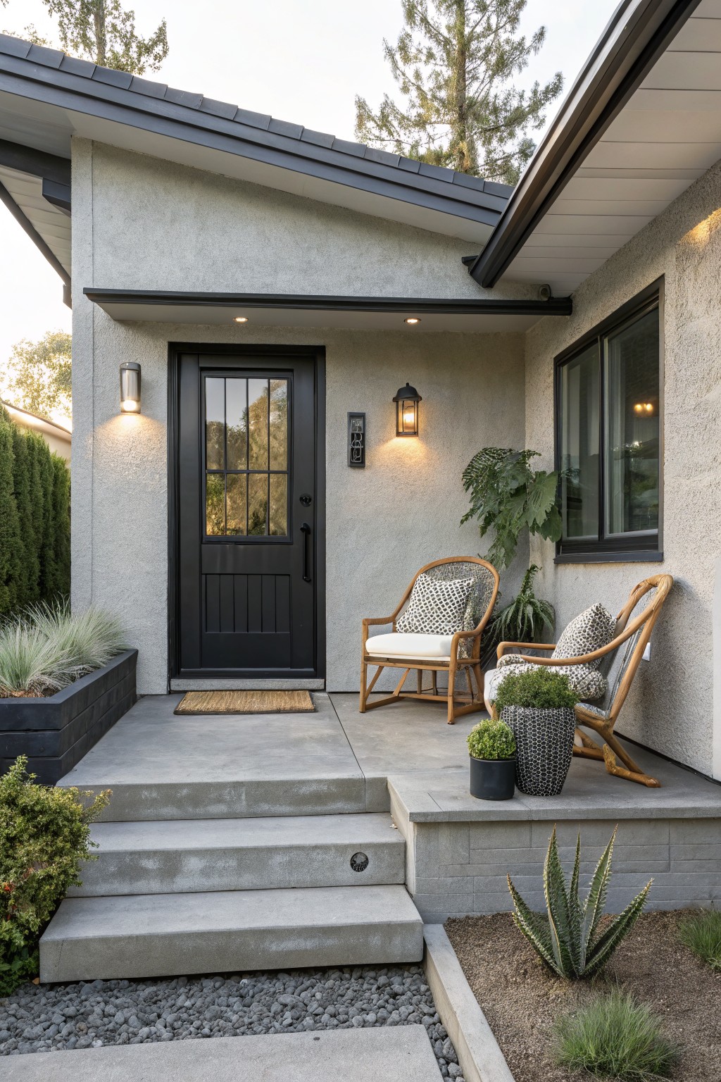Gray stucco house exterior with black glass-paneled front door, concrete porch and steps, two rattan armchairs with patterned cushions, potted plants, wall lights, and succulent landscaping.