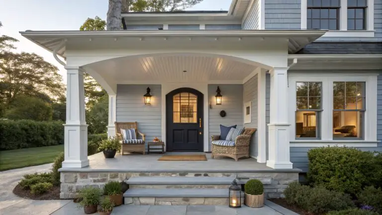 Gray shingle house front porch with white columns and trim, light blue arched ceiling, black door flanked by lanterns, wicker chairs with blue cushions, potted plants, bluestone flooring, and stone steps leading up.