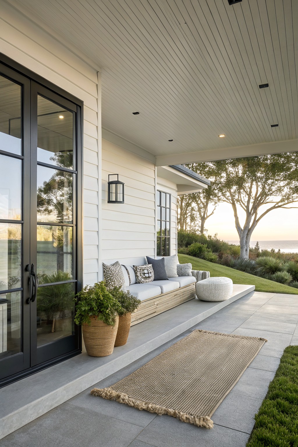 White shiplap house exterior with black-framed glass doors opening onto a raised gray concrete porch platform holding a built-in wooden bench with gray cushions, two seagrass planters, a white pouf, and a beige jute rug, with grass and landscaping beyond.