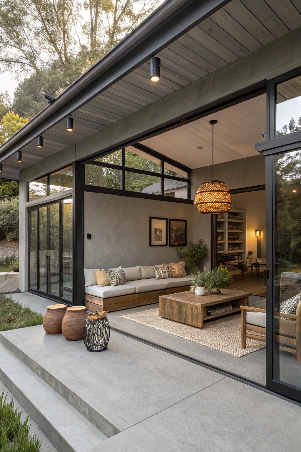 Modern gray concrete house exterior with covered porch featuring low built-in wooden bench with beige cushions, wood coffee table, rattan pots on steps, sliding glass doors open to interior with plants and shelves.