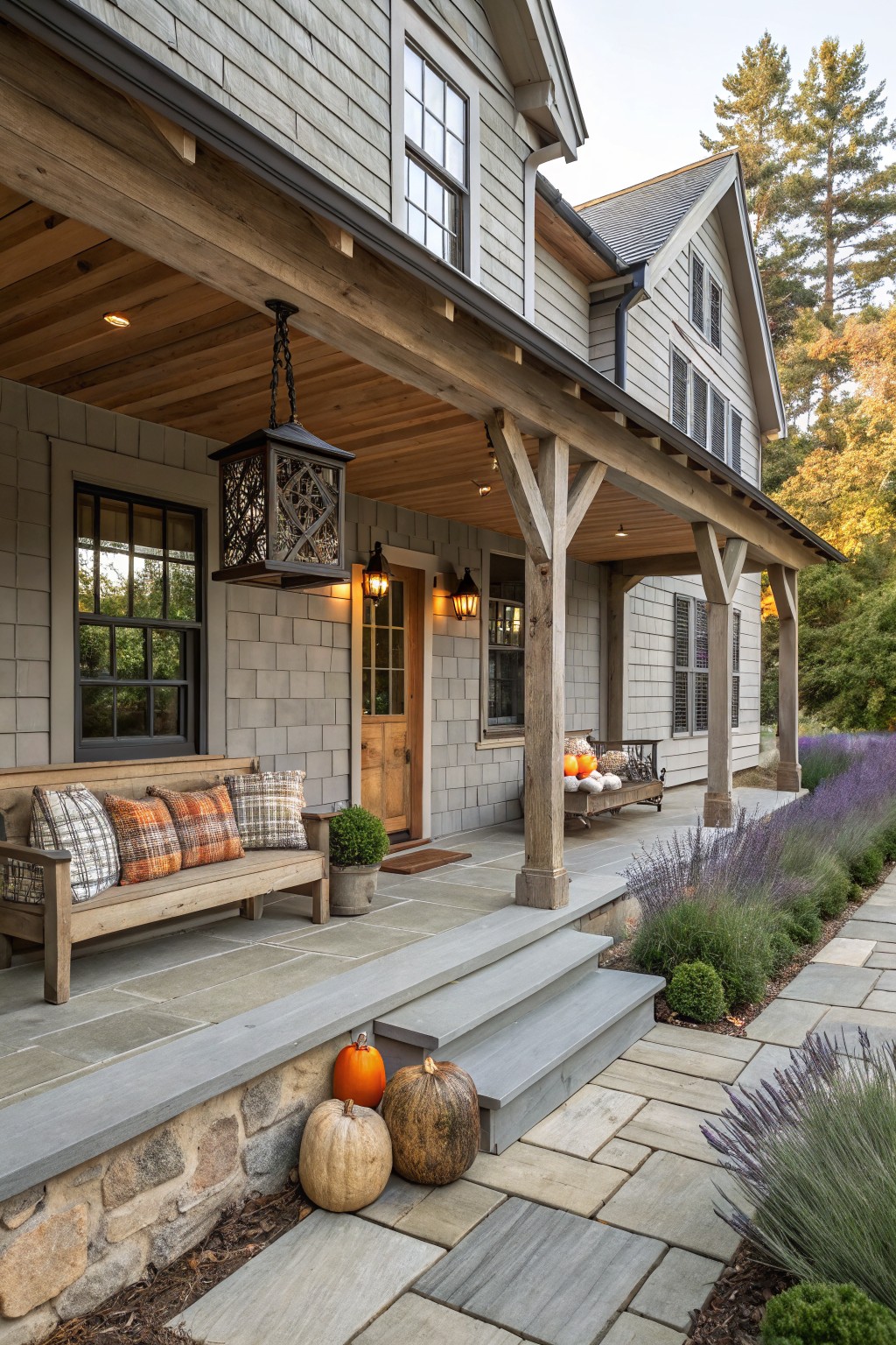 Gray shingle house with covered wooden porch, wooden bench with pillows and pumpkins, lanterns, stone steps, and lavender plants along paver path.