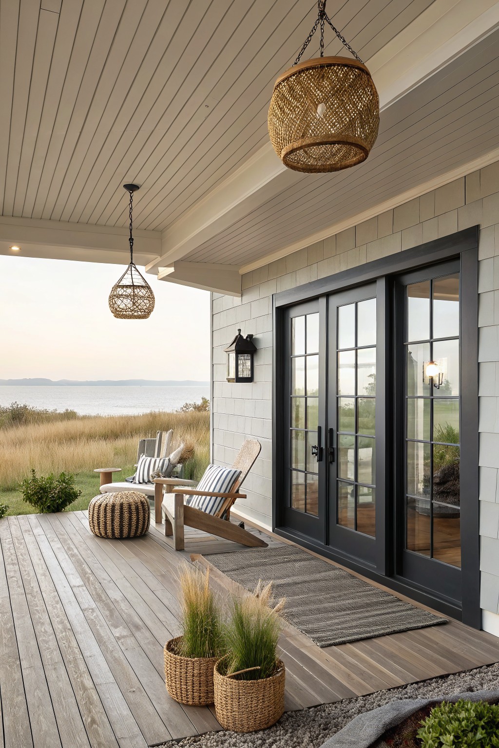 Covered porch on light gray shingled house with black-framed glass sliding doors, gray wood decking, two Adirondack chairs with striped cushions and pillows, woven pouf ottomans, two hanging seagrass pendant lights, potted grasses in baskets, sisal rug, overlooking lake and field at dusk.