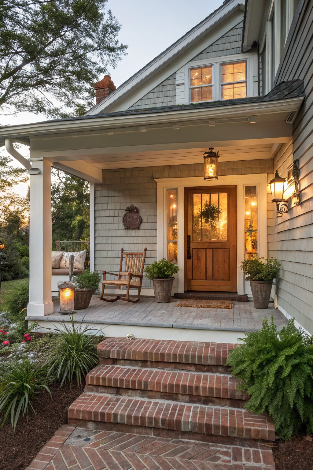 Gray shingled house exterior featuring a covered front porch with wooden door, glass sidelights, hanging lanterns, rocking chair, potted plants, and brick steps with surrounding landscaping at dusk.