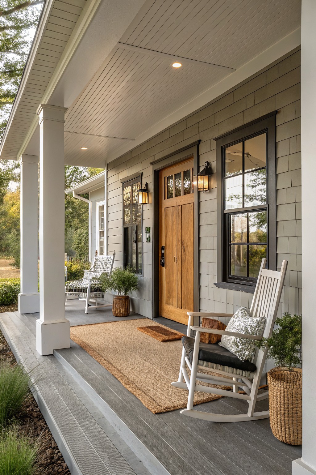 Gray shingled house exterior featuring a wooden front door with glass panels, flanked by windows, white columns supporting the porch roof, two white rocking chairs with cushions and pillows, potted plants, and a woven rug on the gray deck.