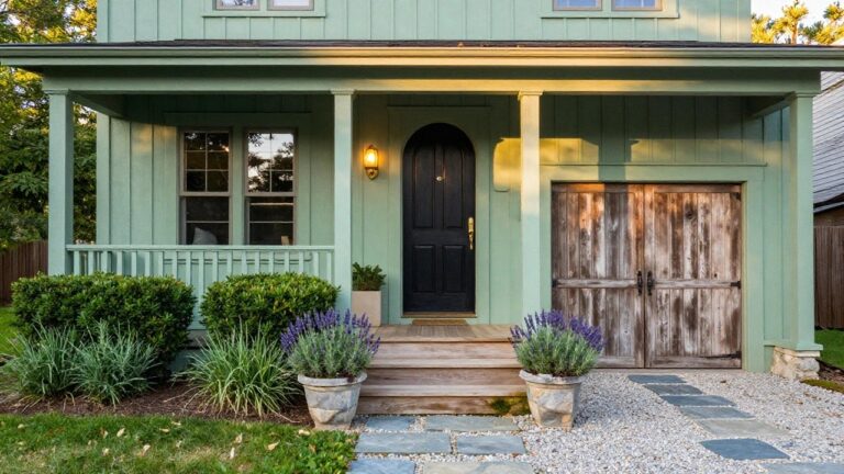 15 Jade Green House Exteriors That Feel Unique Jade green shingle-sided two-story house with covered front porch, black wood door, white columns and railings, wooden steps, potted lavender plants, boxwood shrubs, and stone pavers on gravel path.
