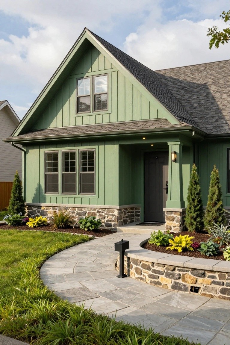 Front view of a two-story house with jade green board-and-batten siding, gable roof, stone foundation and accents, dark wood front door, and curved stone pathway bordered by low plants and grass.