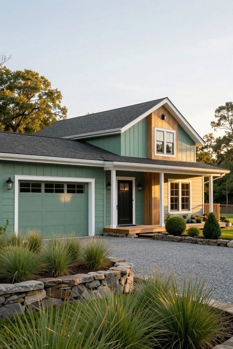 Jade green board-and-batten house exterior featuring an attached garage, covered front porch with black door, wood-trimmed gable window, stone retaining walls with grasses, and gravel driveway.