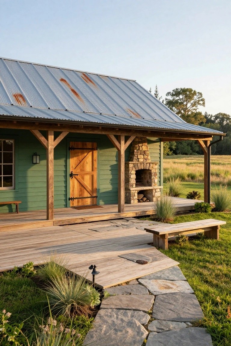 Jade green wooden house exterior with barn-style door on porch, stone outdoor fireplace, wooden deck, benches, stone path, grasses, and surrounding fields under blue sky.
