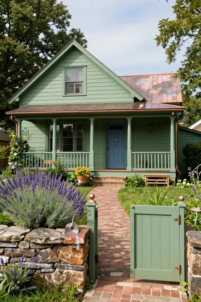 Jade green clapboard cottage with gabled roof, copper roof accents and gutters, columned front porch with blue door, brick path, lavender plants, and green garden gate in stone wall.