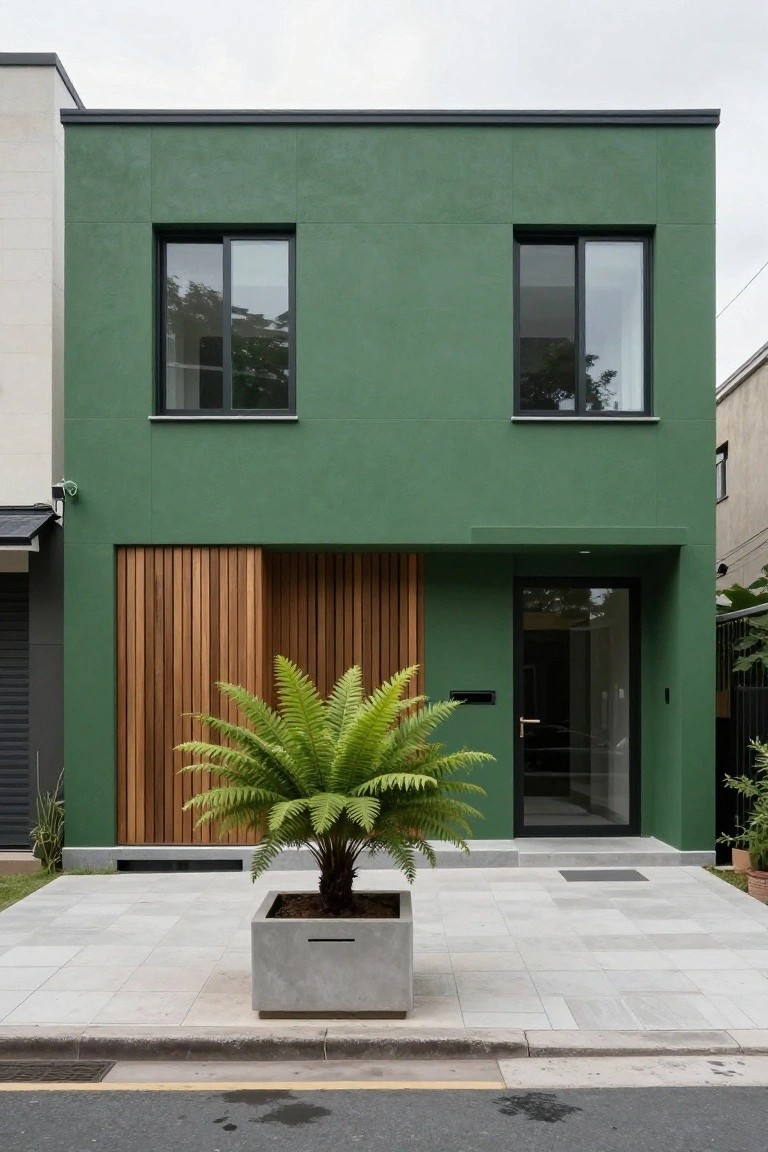 Modern two-story house with jade green stucco walls, black-framed windows, vertical wooden cladding around a glass entry door, potted fern plant in concrete planter, and light-colored paver driveway in front of a street.