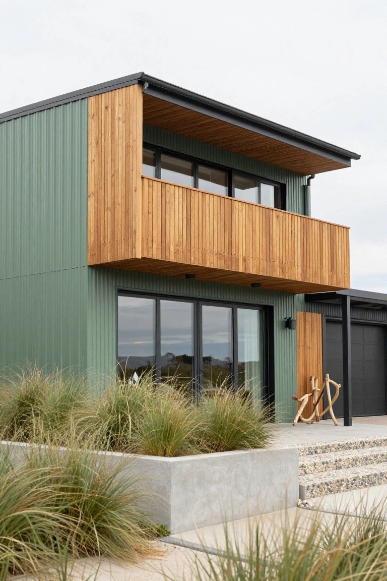 Modern two-story house with jade green corrugated metal siding, protruding upper balcony clad in vertical timber boards, large glass sliding doors on the ground floor, black garage door, concrete planters with tall grasses, and pebble steps.
