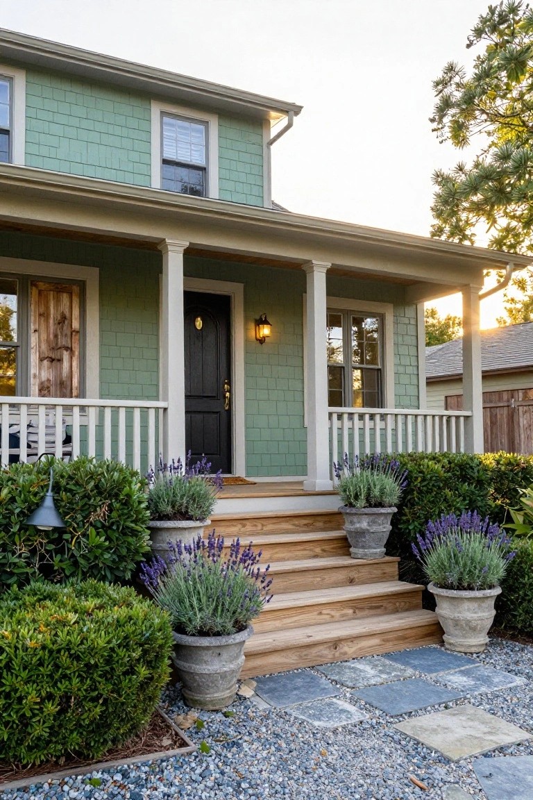 Jade green shingle-sided two-story house with covered front porch, black wood door, white columns and railings, wooden steps, potted lavender plants, boxwood shrubs, and stone pavers on gravel path.