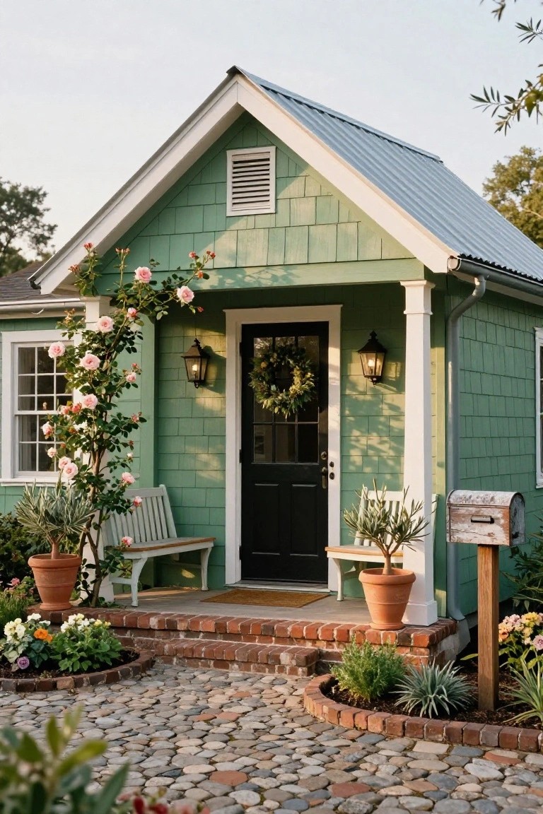 Small jade green shingled cottage with white-trimmed front porch, black door, climbing pink roses, wooden bench, potted plants, lanterns, wreath, mailbox, brick steps, and cobblestone path.