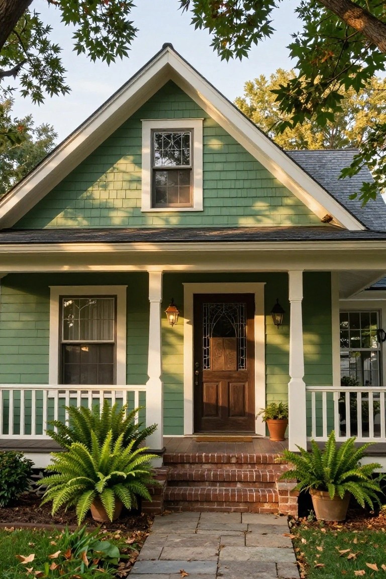 Jade green shingle siding house with white trim, gabled roof, front porch with columns, stained glass door, lanterns, and potted ferns on brick steps leading to a stone path.