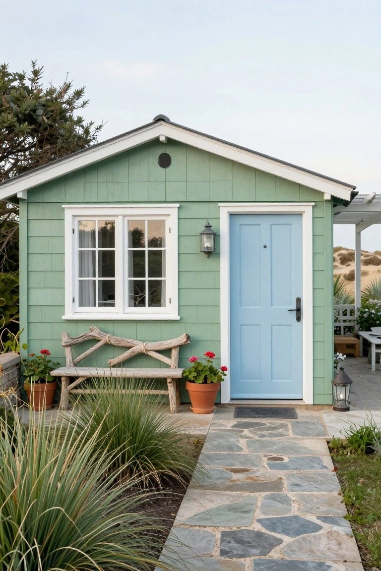 Small jade green shingle house with white trim, blue front door, lantern light, driftwood bench with potted red flowers, stone path, grasses, and beach dunes in background.