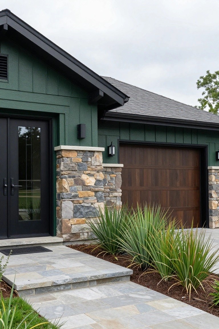 Jade green board-and-batten sided house exterior with black double entry doors, stone pillars, walnut wood garage door, slate tile pathway, and yucca plants in mulch beds.