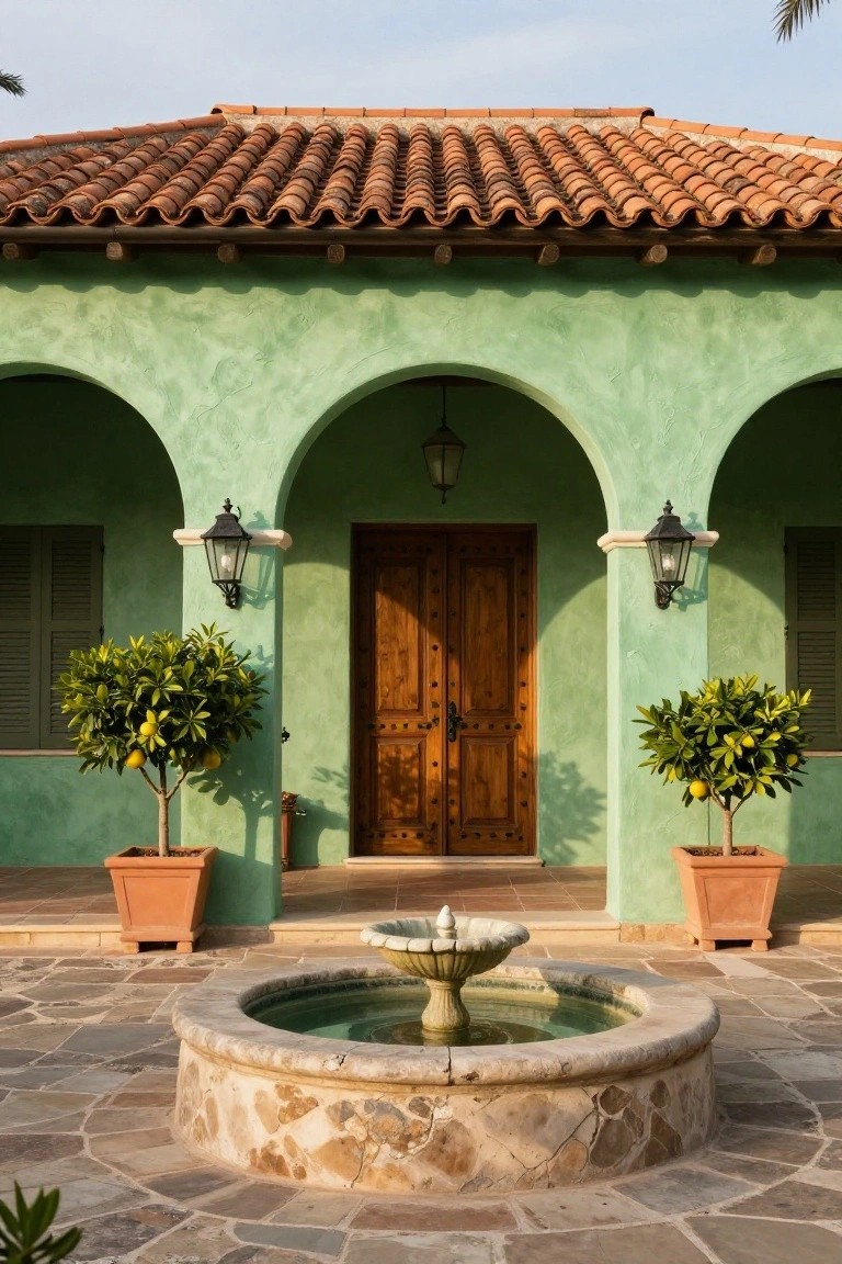 Jade green stucco house exterior featuring a terracotta tile roof, arched entry with wooden double doors, wall lanterns, potted lemon trees, and a stone fountain on a tiled courtyard patio.