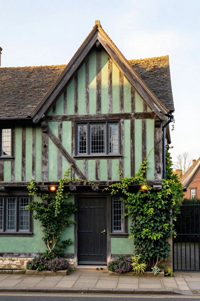 Two-story jade green half-timbered house with dark wooden beams, ivy climbing the walls, black front door, potted plants at the base, and a paved front path.
