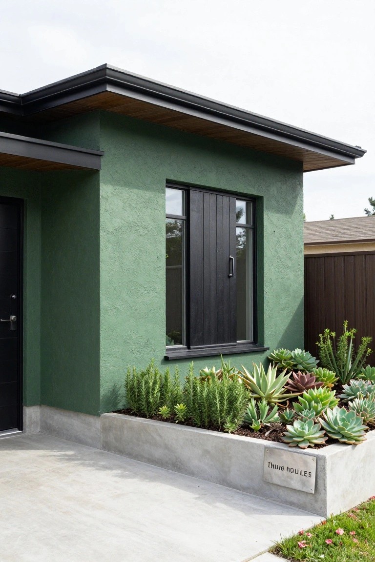 Jade green stucco house exterior featuring a black front door, black shutters on a window, wooden roof overhangs, and a raised concrete planter box with succulents, herbs, and a metal nameplate reading