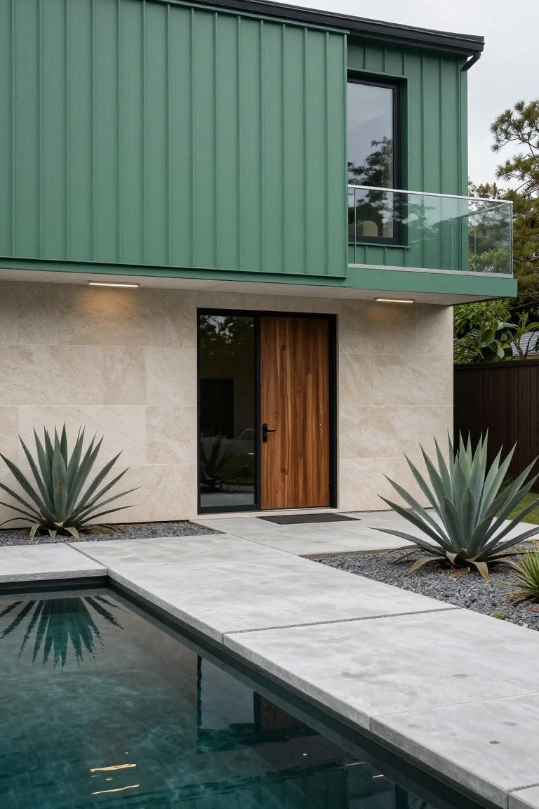Contemporary house exterior with jade green corrugated metal siding, beige stone walls, black-framed glass door with wooden panel, agave plants, gravel beds, concrete pathway, and edge of turquoise pool.