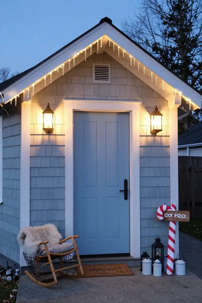 Small gray shingled shed with white icicle Christmas lights along the eaves and gables, blue front door, lanterns on each side, giant candy cane sign reading COOL SHED, rocking chair with sheepskin blanket, and milk cans on the concrete porch at dusk.