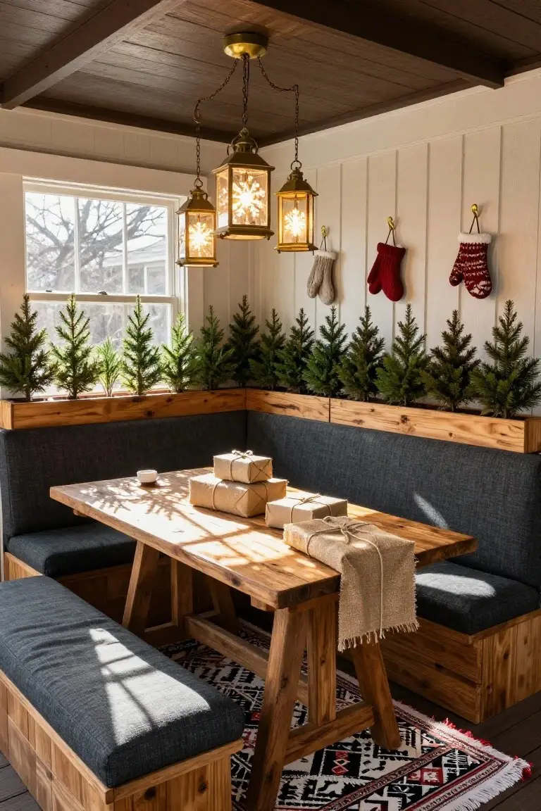 Wooden breakfast nook with gray cushioned benches, trestle table holding wrapped gifts and cups, multiple small potted fir trees in sill boxes along the window, brass lanterns hanging from the beamed ceiling, and knit stockings on white board-and-batten walls.