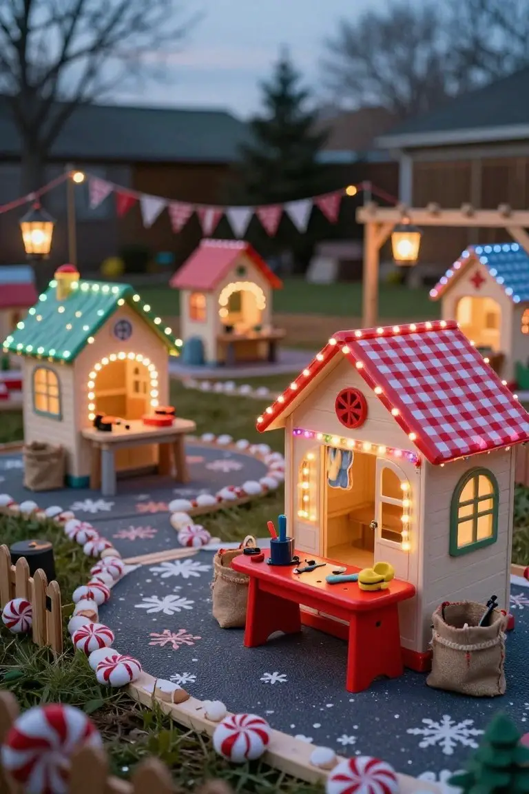 Miniature Christmas village display outdoors with tiny lit playhouses in green, red, and blue along a dark path edged by white candy canes and scattered peppermint candies, surrounded by string lights and snowflake decals.
