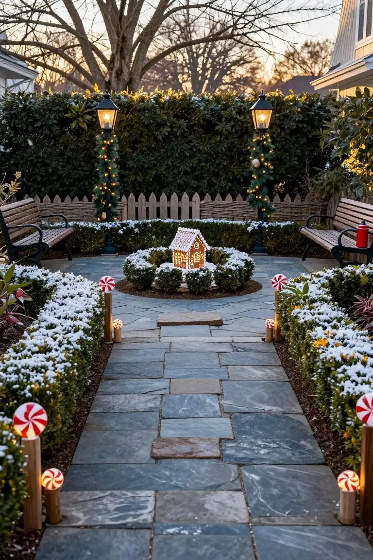 Slate stone pathway in a garden lined with wooden pedestals holding illuminated oversized red-and-white swirled candy canes, leading to a circular area featuring a lit gingerbread house surrounded by snow-frosted boxwood hedges, wooden benches, lampposts with garlands, and peppermint decorations.
