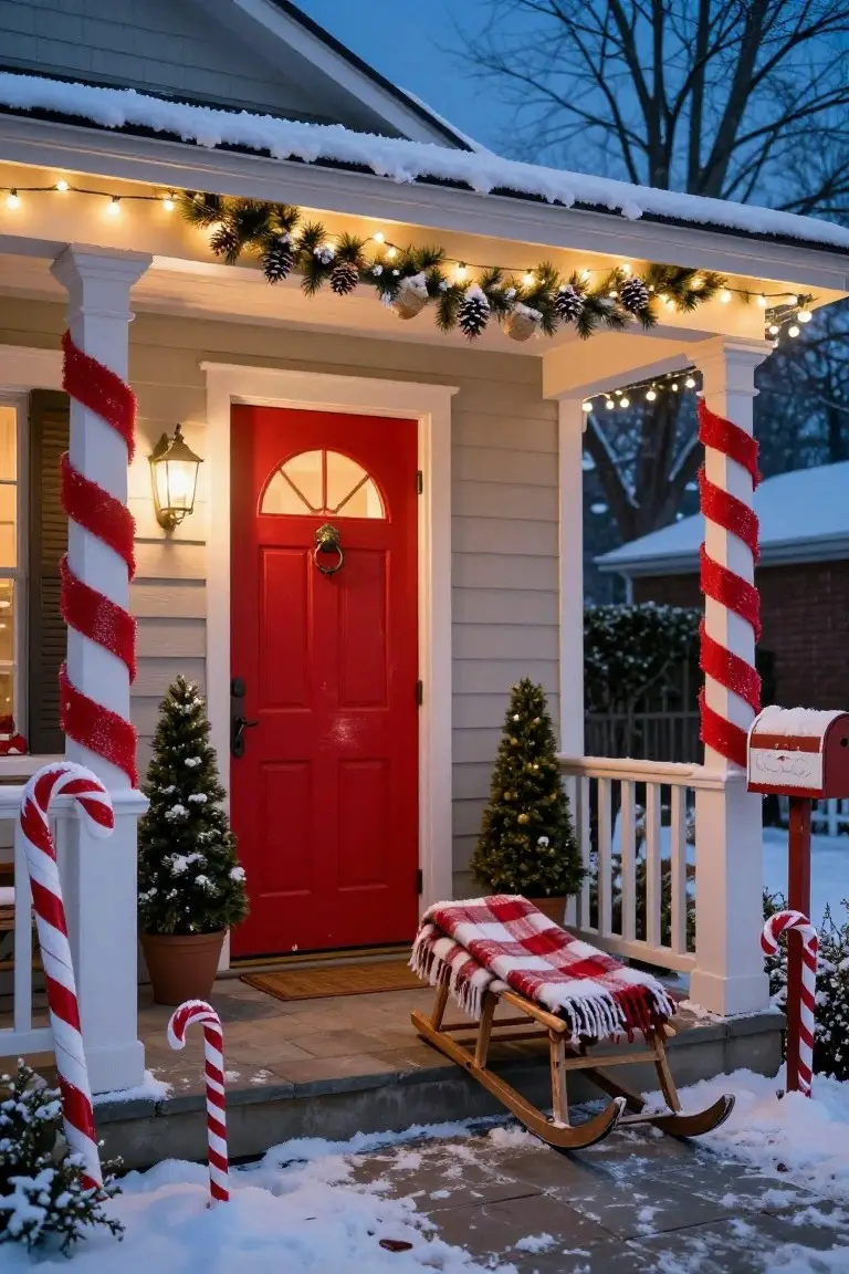 Gray house with red front door and snowy porch featuring columns wrapped in red and white striped ribbon, giant candy canes, small decorated trees, garland with lights, wooden sleigh with plaid blanket, and red mailbox.