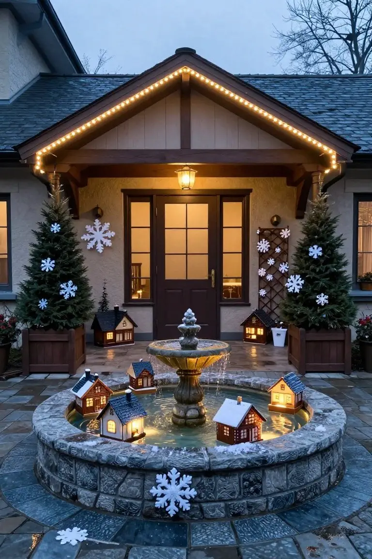 House exterior at dusk with a lit fountain in a stone courtyard surrounded by small illuminated Christmas village houses, flanked by potted evergreen trees decorated with snowflakes, string lights along the porch roofline, and a dark wooden front door.