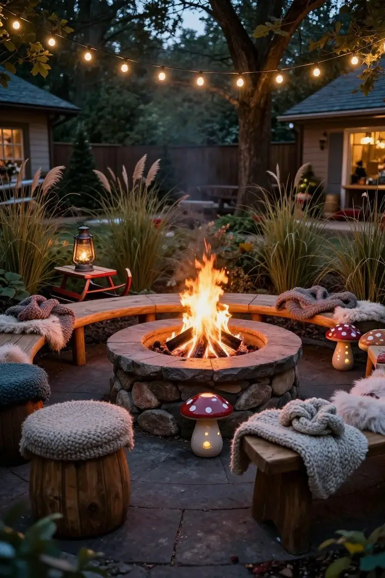 Stone fire pit ringed by curved wooden benches with blankets and pillows, oversized mushrooms, lanterns, string lights overhead, and pampas grass in a backyard at dusk.