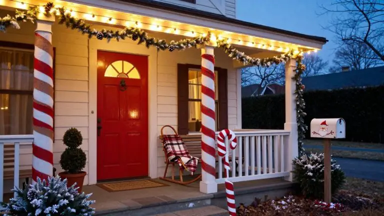Gray house with red front door and snowy porch featuring columns wrapped in red and white striped ribbon, giant candy canes, small decorated trees, garland with lights, wooden sleigh with plaid blanket, and red mailbox.