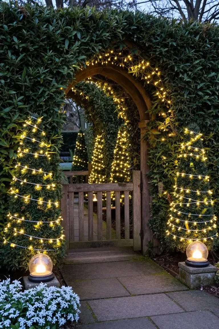 Wooden garden gate centered under a tall archway covered in dense green hedge and wrapped with fairy lights, flanked by two spiral topiary trees lit with string lights, globe lanterns on stone pedestals beside a stone path, and white flowers at the base.